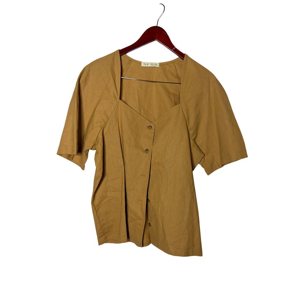 NA NIN Women's Linen Blend Relaxed Thelma Top V-neck Button Up Shirt Size‎ S/M